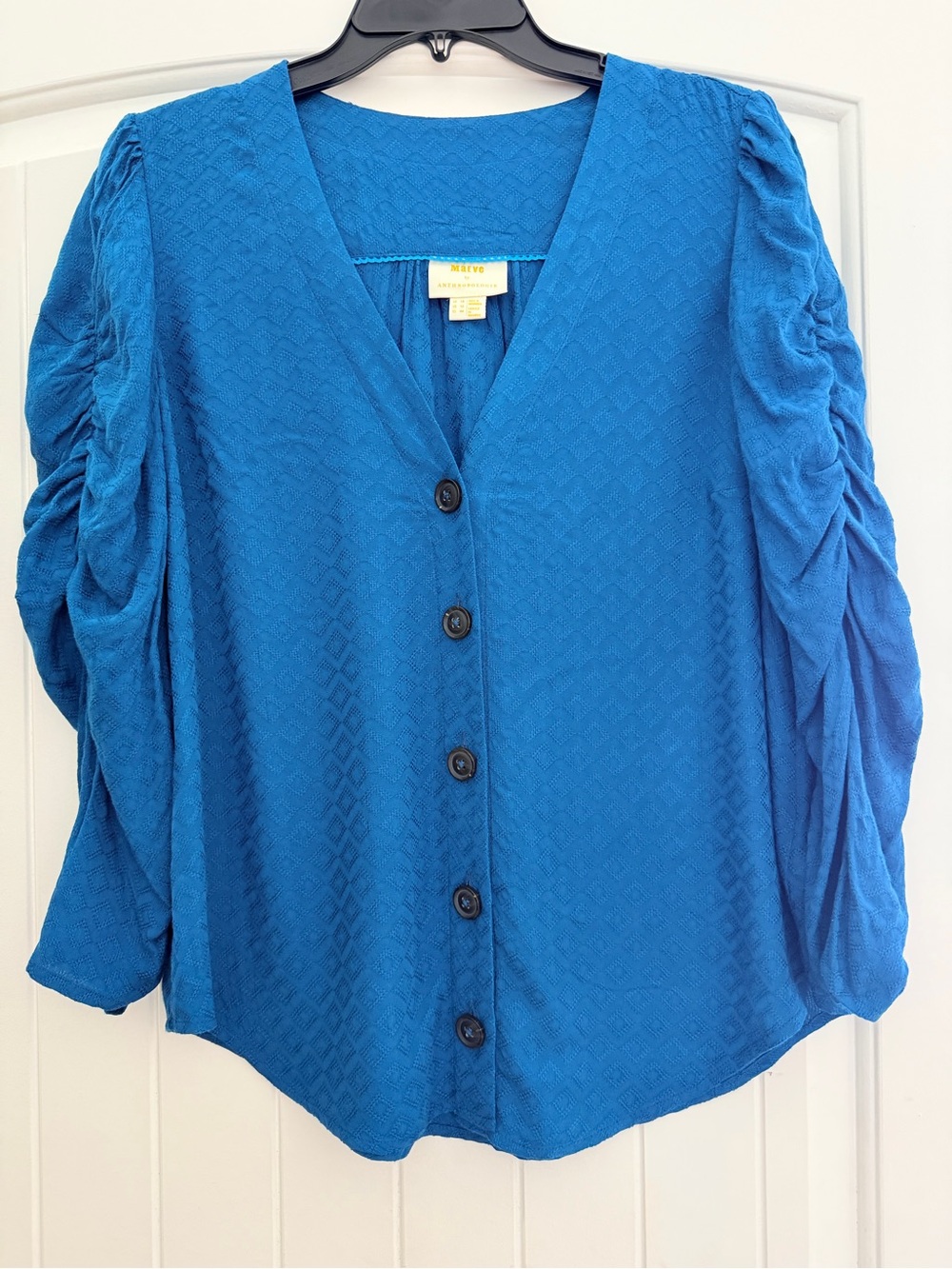 Maeve by Anthropologie Blue Button-Front V-Neck Top with Ruched Sleeves sizeUS12